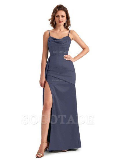 Sexy Side Slit Mermaid Silky Satin Spaghetti Straps Unique Wedding Guest Dresses