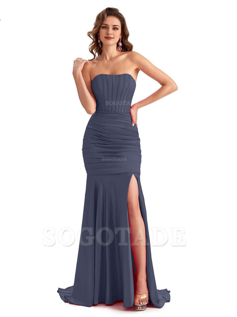 Sexy Strapless Side Slit Mermaid Silky Satin Formal Bridesmaid Dresses
