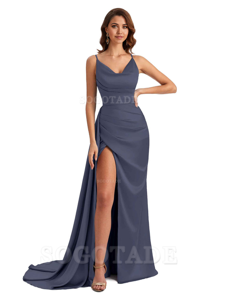 Mermaid Cowl Spaghetti Satin formal dresses evening gown Bridesmaid Dresses With Side Slit