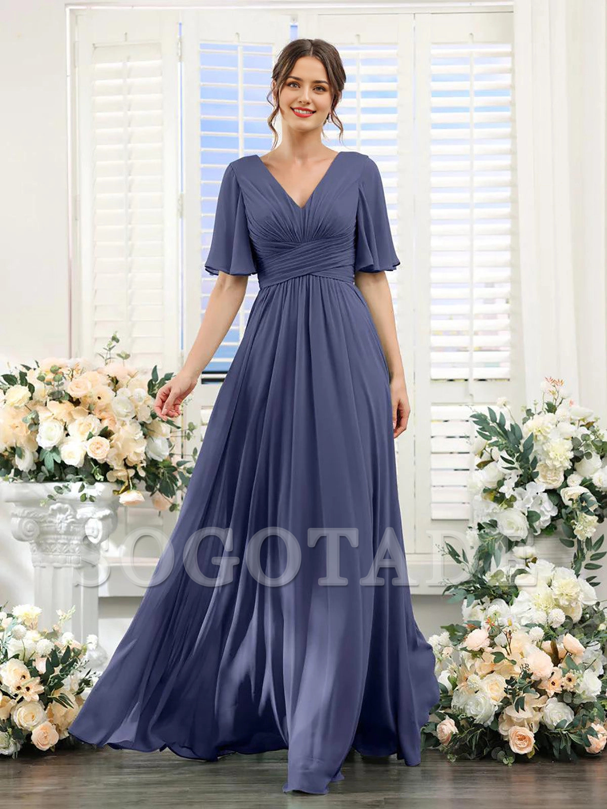 A-shaped V-shaped leader bridesmaid dress, suitable for wedding guests, long chiffon formal slit party dress