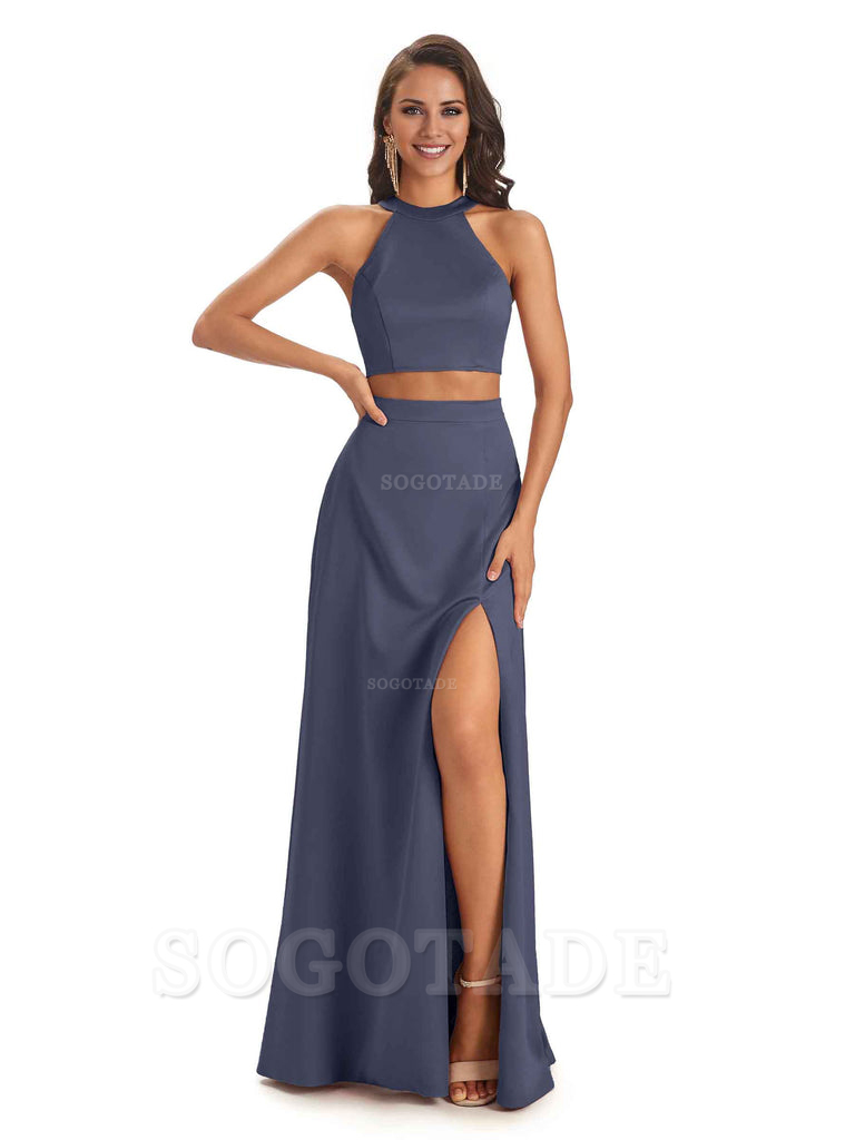Soft Satin Two-Pieces Halter Side Slit Sexy Fashion Bridesmaid Dresses Charming Evening Party Dress