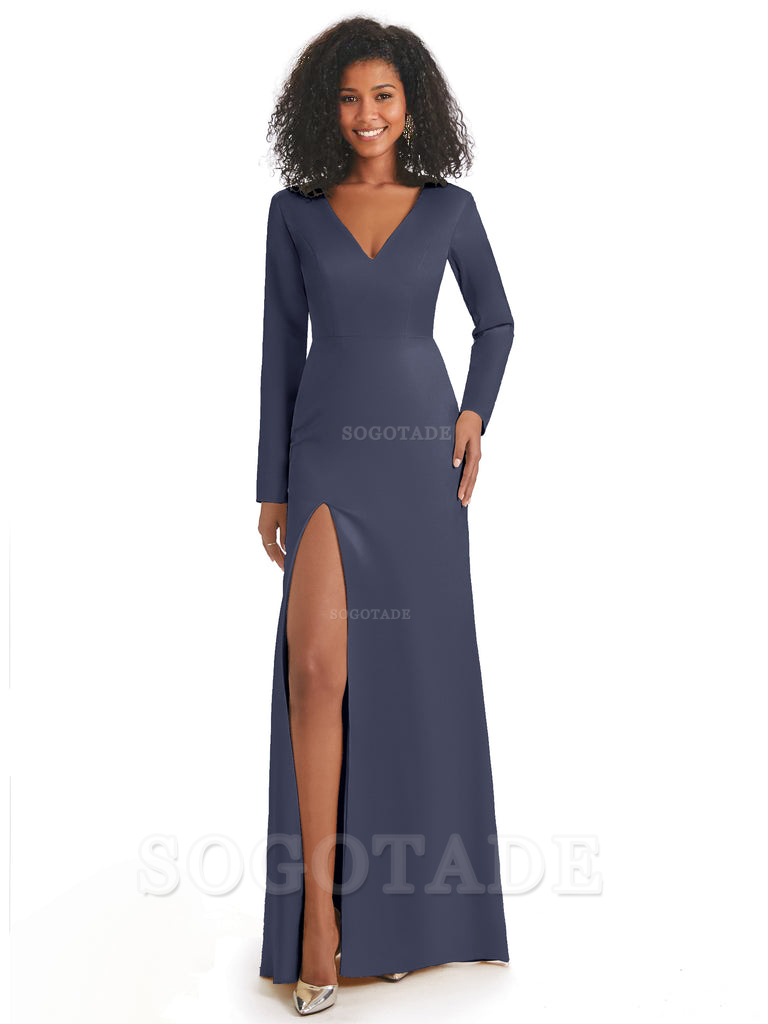 Soft Satin Side Slit Long Sleeves V-Neck Long African Mermaid Bridesmaid Dresses Elegant Evening Party Dress