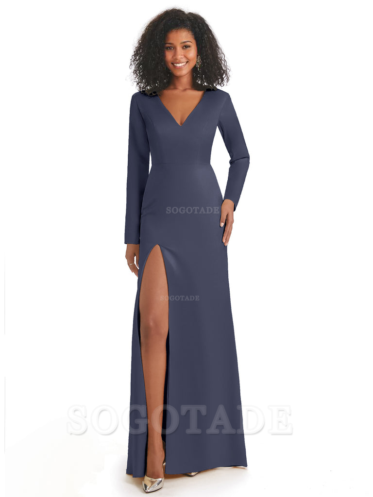 Soft Satin Side Slit Long Sleeves V-Neck Long African Mermaid Bridesmaid Dresses Elegant Evening Party Dress