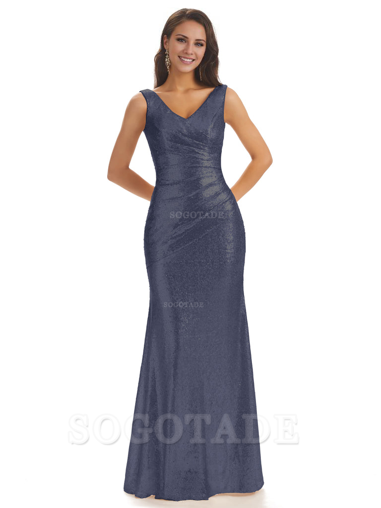 Sexy Sequin V-Neck Sparkly Long Mermaid Bridesmaid Dresses Charming Evening Party Dress