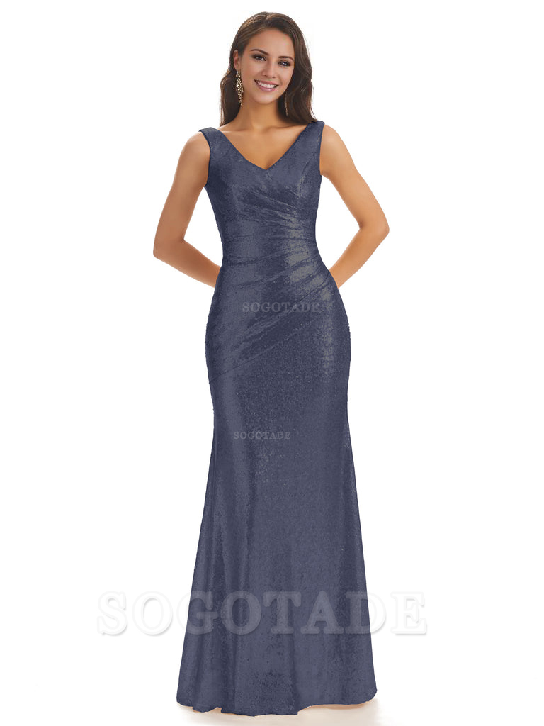 Sexy Sequin V-Neck Sparkly Long Mermaid Bridesmaid Dresses Charming Evening Party Dress
