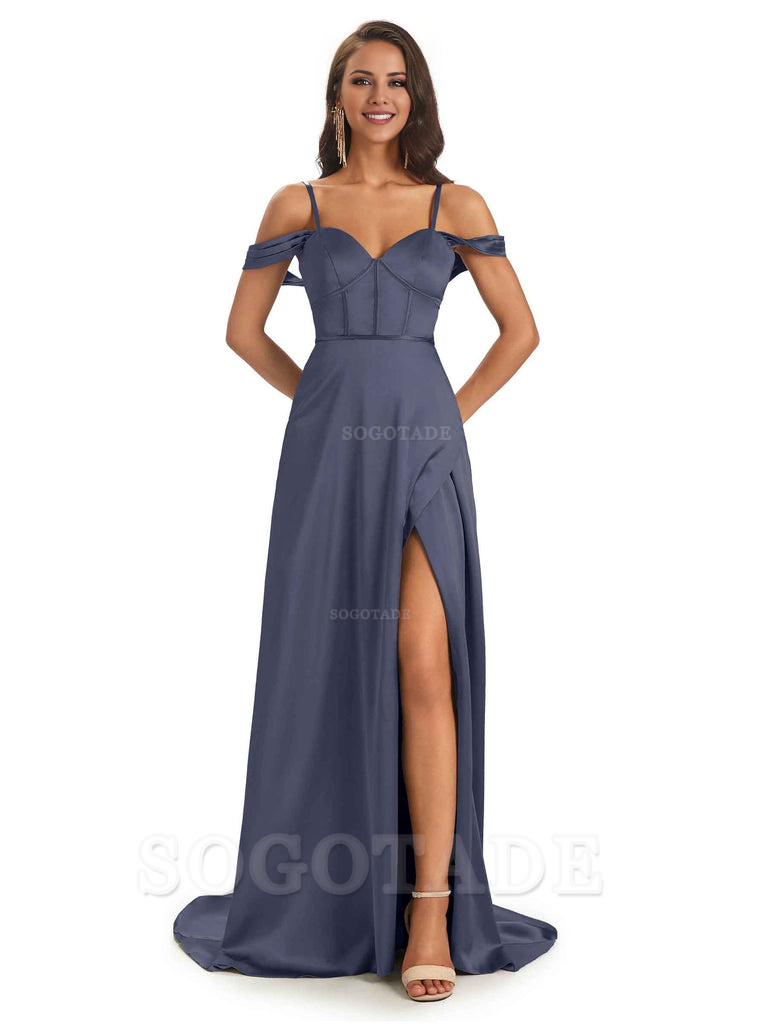 Stylish Soft Satin Side Slit Spaghetti Straps Bridesmaid Dresses Elegant Evening Party Dress