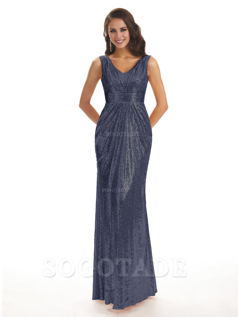 Sparkly V-Neck Sequin Long Mermaid Bridesmaid Dresses Sleeveless Charming Evening Party Dress