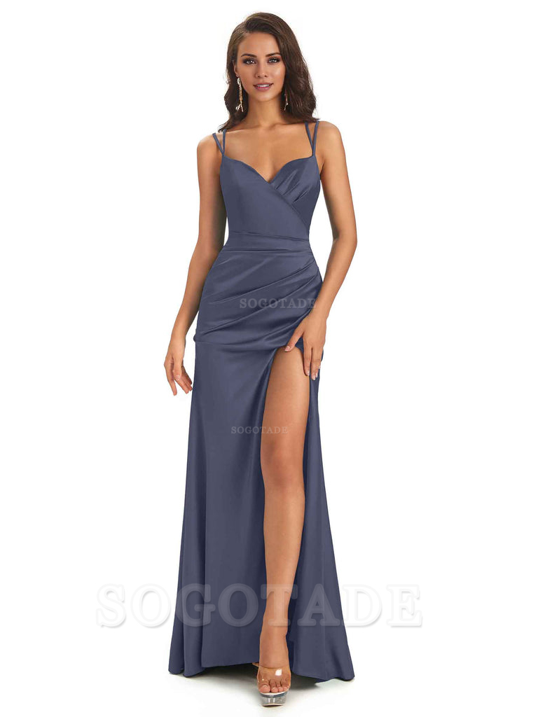 Sexy Soft Satin Side Slit Spaghetti Straps Long Maxi Mermaid Bridesmaid Dresses Elegant Evening Party Dress
