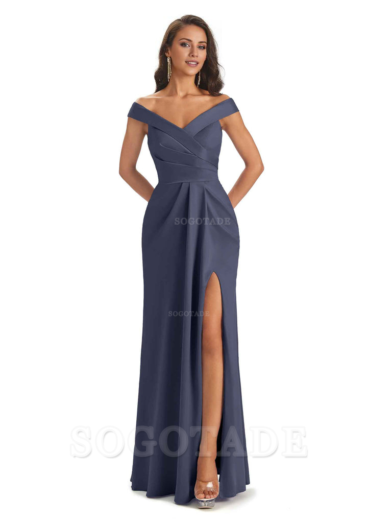 Sexy Soft Side Slit Off Shoulder V-Neck Long Satin Ladies Bridesmaid Dresses Elegant Evening Party Dress