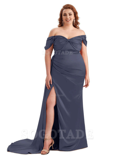  Sexy Side Slit Off The Shoulder Mermaid Soft Satin Long Plus Size Bridesmaid Dress For Wedding