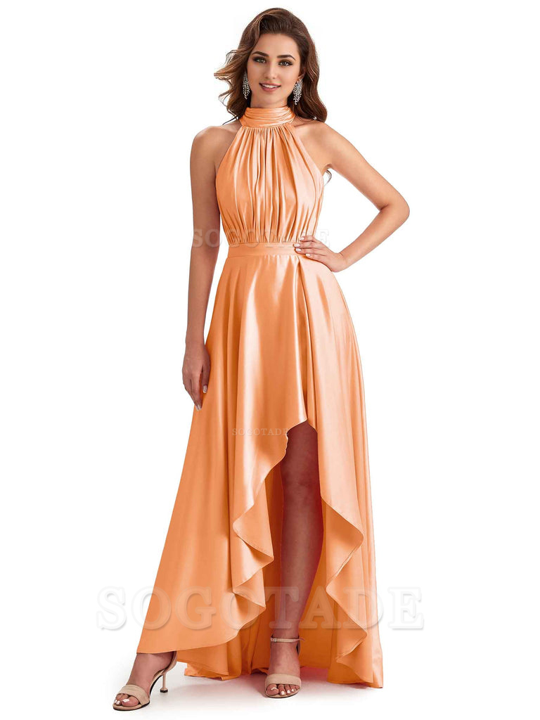 Soft Satin High Neck High Low A-Line Unique Bridesmaid Dresses Online