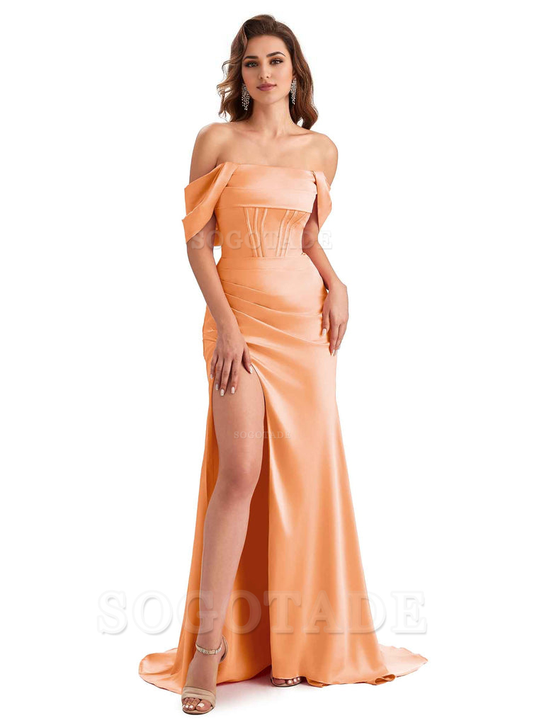 Sexy Side Slit Mermaid Soft Satin Off The Shoulder Unique Long Wedding Attendee Dresses