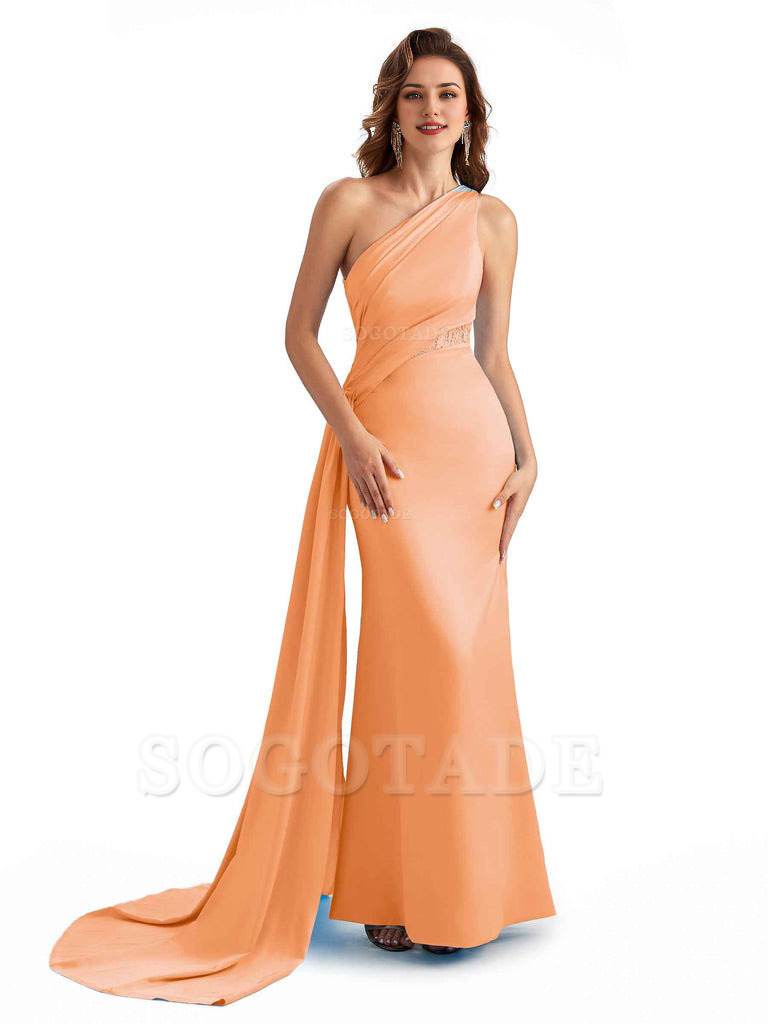 Sexy Mermaid Silky Satin One Shoulder Lace See Through Long Bridesmaid Dresses Online