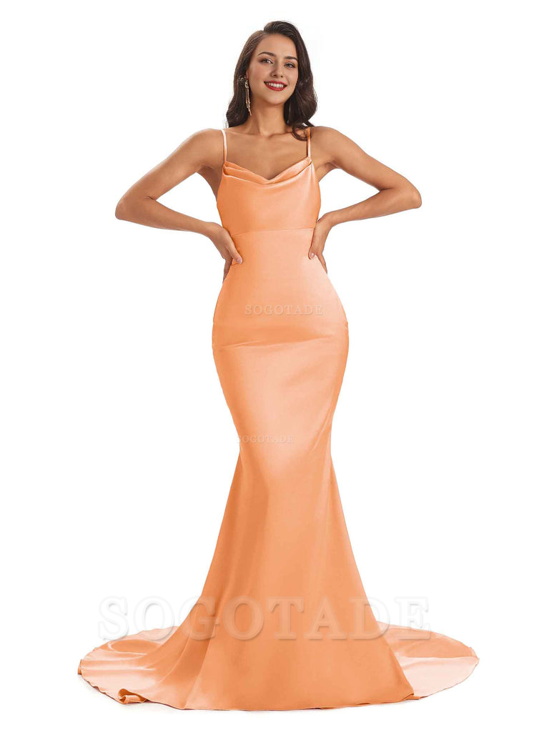 Sexy Backles Soft Satin Spaghetti Straps Maxi Mermaid Bridesmaid Dresses Online prom shop dresses