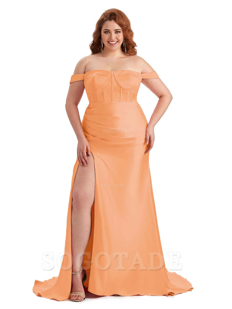 Elegant Off The Shoulder Side Slit Mermaid Soft Satin Floor Length Long Plus Size Bridesmaid Gowns
