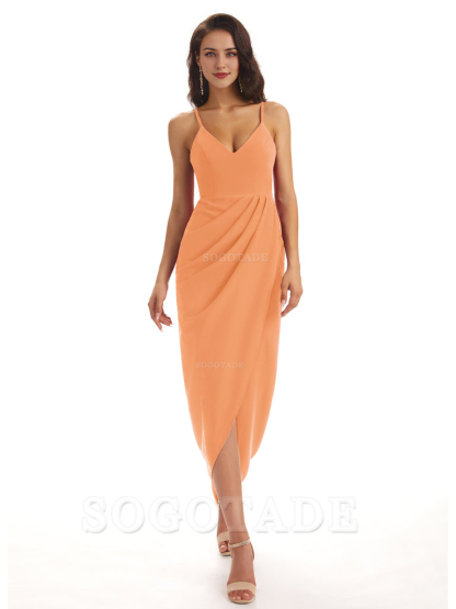 Simple Soft Satin Spaghetti Straps Mermaid Midi Bridesmaid Dresses prom shop dresses