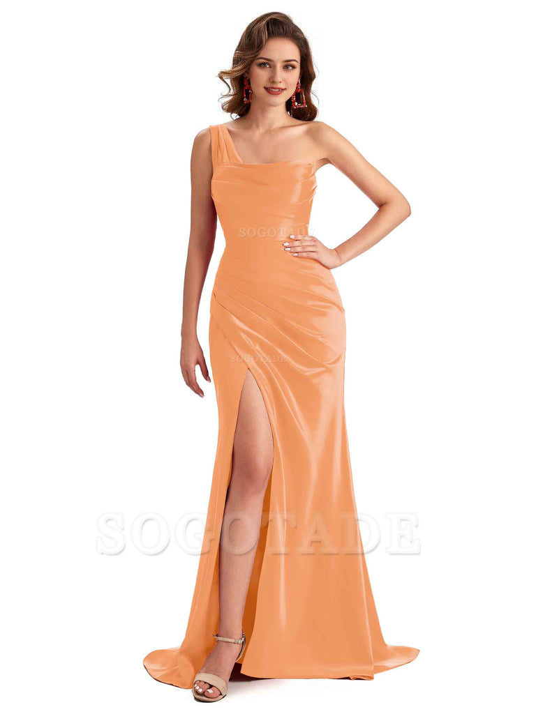 Sexy One Shoulder Side Slit Silky Satin Chic Long Mermaid Trumpet Bridesmaid Dress