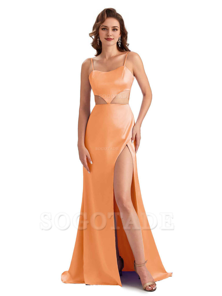 Sexy Satin Side Slit Spaghetti Straps Mermaid Long Unique Curve Wedding Guest Dresses