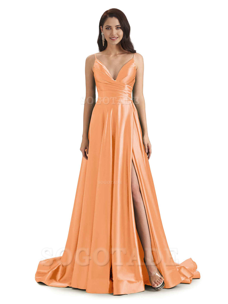 Spaghetti Straps Satin formal dresses evening gown Bridesmaid Dresses With Side Slit 