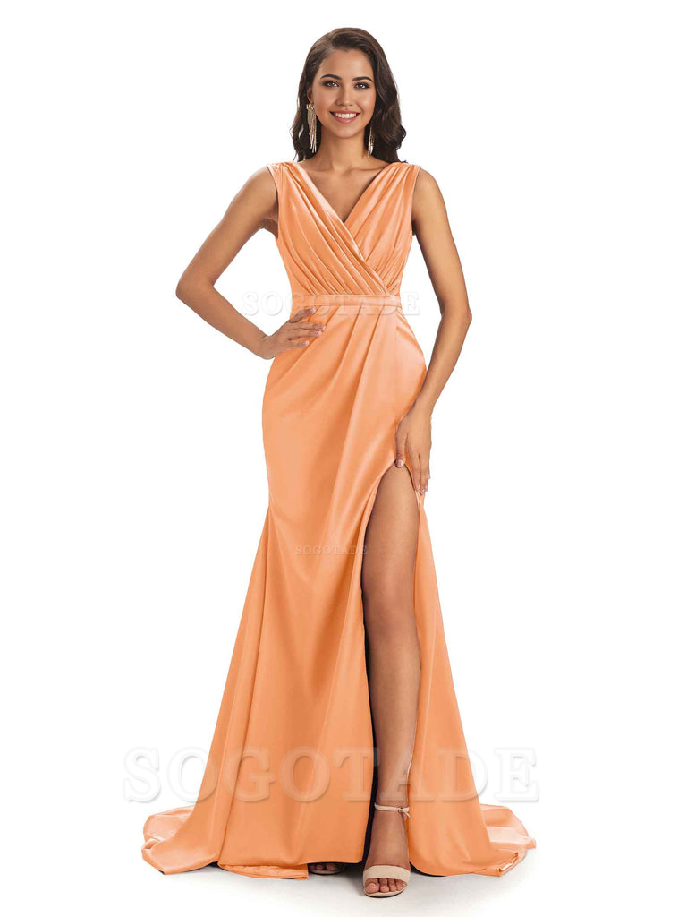 A-line V-neck Floor-Length Satin formal dresses evening gown Bridesmaid Dresses With Side Slit 