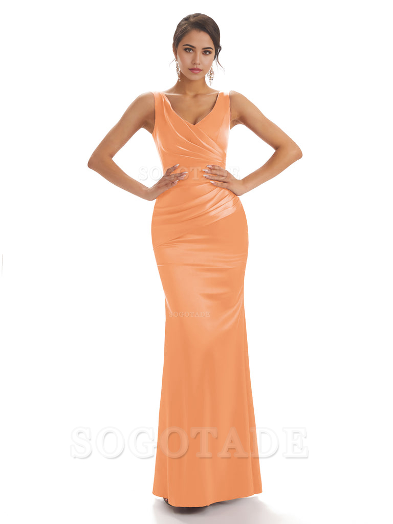 Sheath Sleeveless V-neck Floor-Length Satin formal dresses evening gown Bridesmaid Dresses With Pleats 