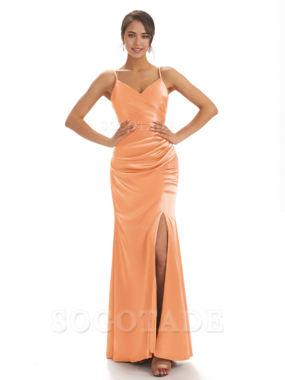 Spaghetti Straps Pleats Satin formal dresses evening gown Bridesmaid Dresses With Side Slit 