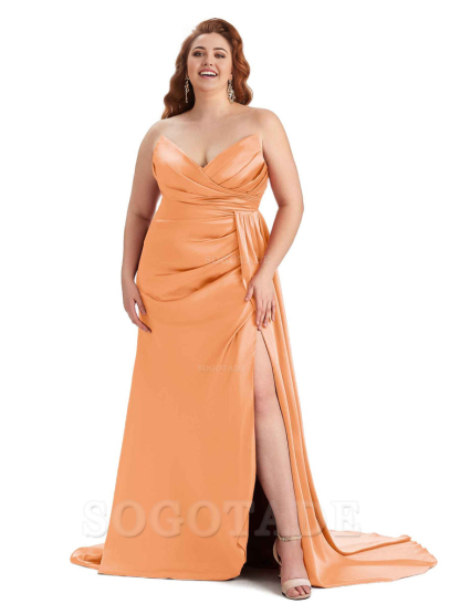 Sexy V-neck Side Slit Sleeveless Mermaid Soft Satin Long Plus Size Bridesmaid Gowns