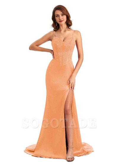 Sexy Side Slit Mermaid Silky Satin V-Neck Lace Unique Long Bridesmaid Dresses