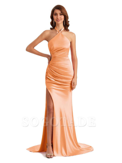 Sexy Halter Mermaid Silky Satin Unique Long Formal Wedding Guest Dresses