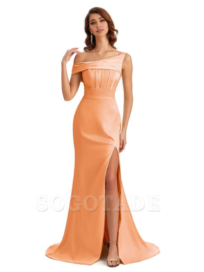 Elegant Asymmetrical Neck Soft Satin Side Slit Long Mermaid Bridesmaid Dresses