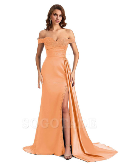 Sexy Off The Shoulder Mermaid Side Slit Silky Satin Long Bridesmaid Dress For Wedding