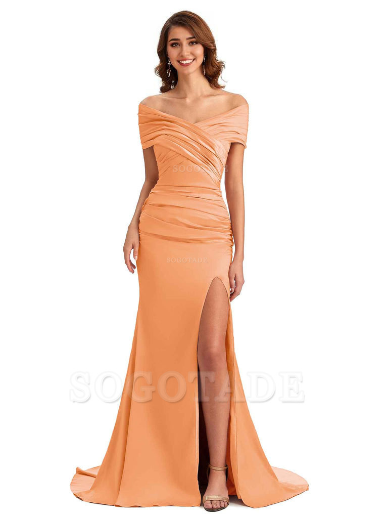 Sexy Off The Shoulder Side Slit Mermaid Satin Unique Long Formal Wedding Guest Dresses