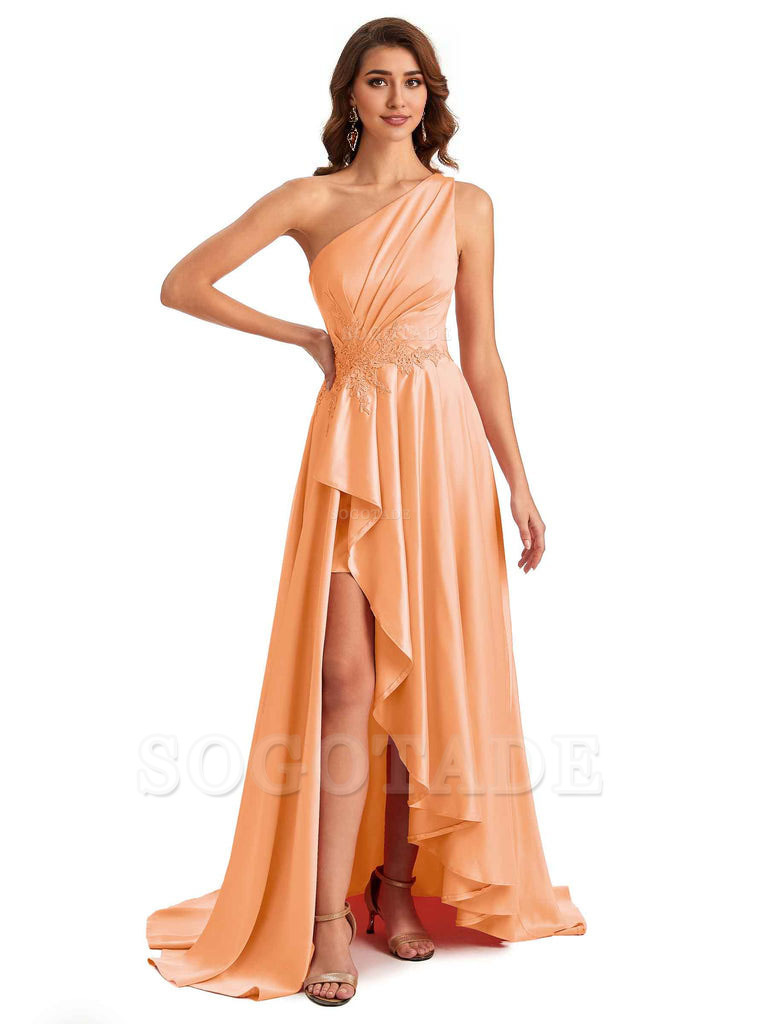 Sexy One Shoulder A-Line High Low Silky Satin Lace Long Formal Wedding Guest Dresses