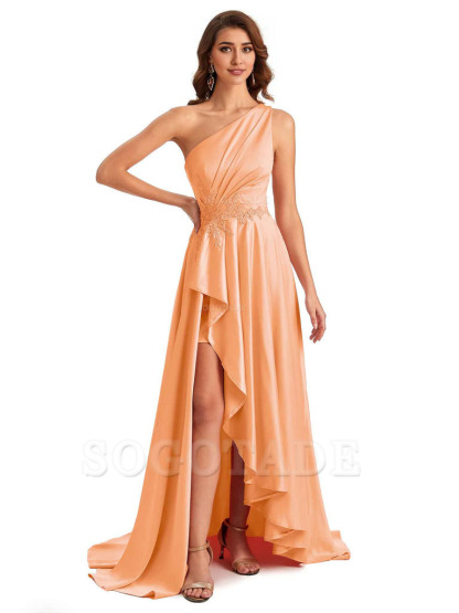 Sexy One Shoulder A-Line High Low Silky Satin Lace Long Formal Wedding Guest Dresses
