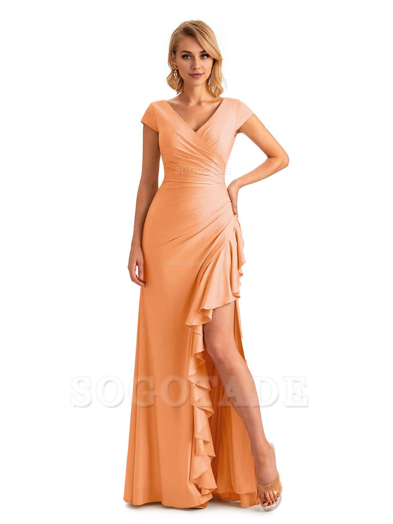 Sexy Side Slit Short Sleeves Mermaid Soft Satin Unique Long Maid Of Honor Dresses