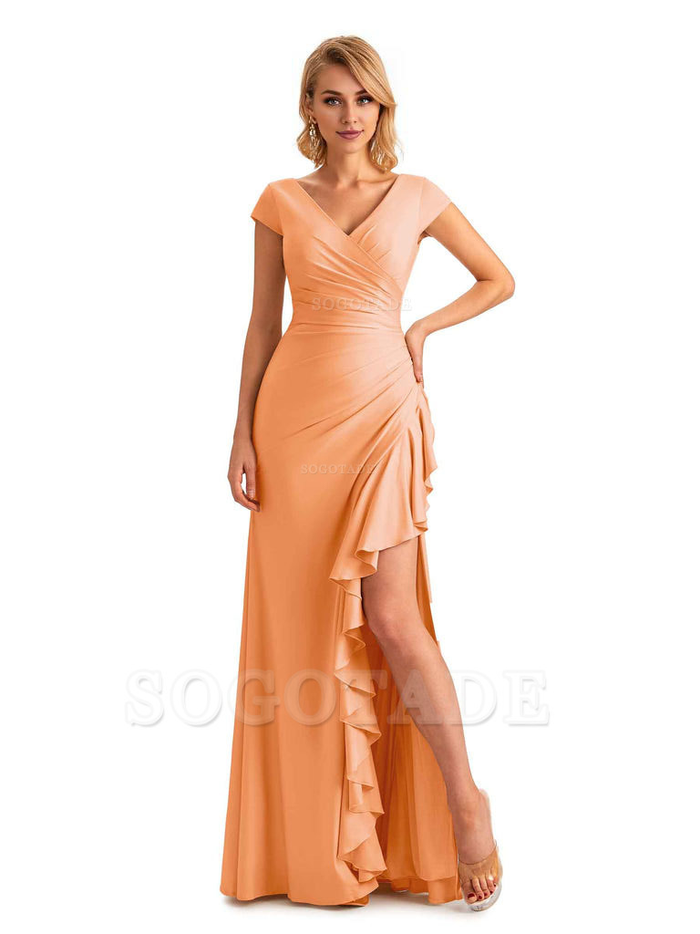 Sexy Side Slit Short Sleeves Mermaid Soft Satin Unique Long Maid Of Honor Dresses