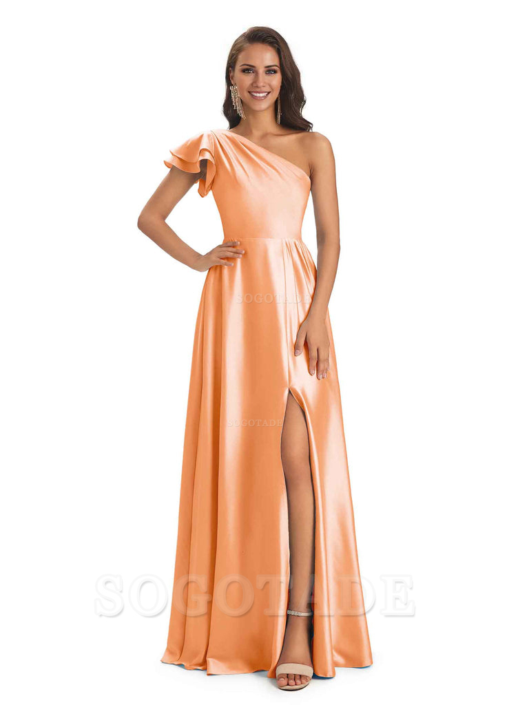 A-Line One Shoulder Ladies Long Bridesmaid Dresses Soft Satin Side Slit Elegant Evening Party Dress