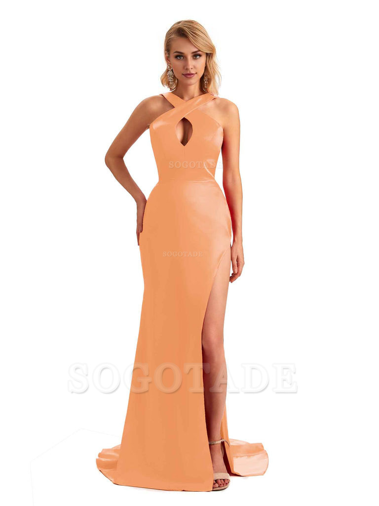 Sexy Side Slit Halter Mermaid Silky Satin Unique Long Formal Wedding Bridesmaid Dresses