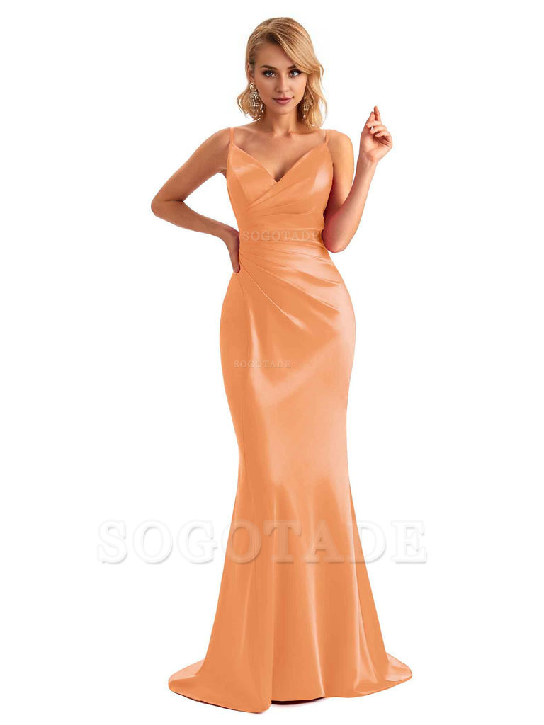  Sexy Backless Mermaid Spaghetti Straps Unique Long Formal Satin Dress For Women