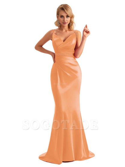  Sexy Backless Mermaid Spaghetti Straps Unique Long Formal Satin Dress For Women