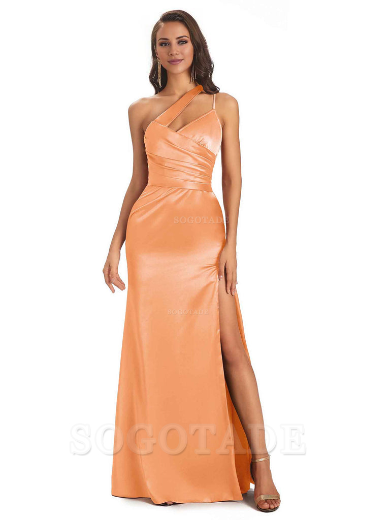 Elegant Soft Satin Side Slit One Shoulder Floor-Length Maxi Bridesmaid Dresses Evening Party Dress