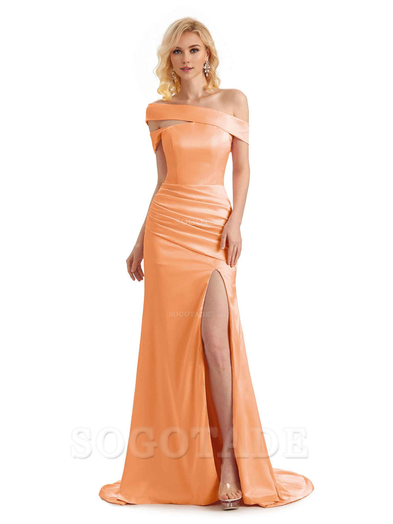 Elegant Asymmetrical Unique Soft Satin Side Slit Long Mermaid Bridesmaid Dresses Charming Evening Party Dress