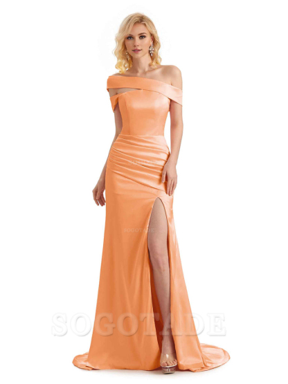 Elegant Asymmetrical Unique Soft Satin Side Slit Long Mermaid Bridesmaid Dresses Charming Evening Party Dress