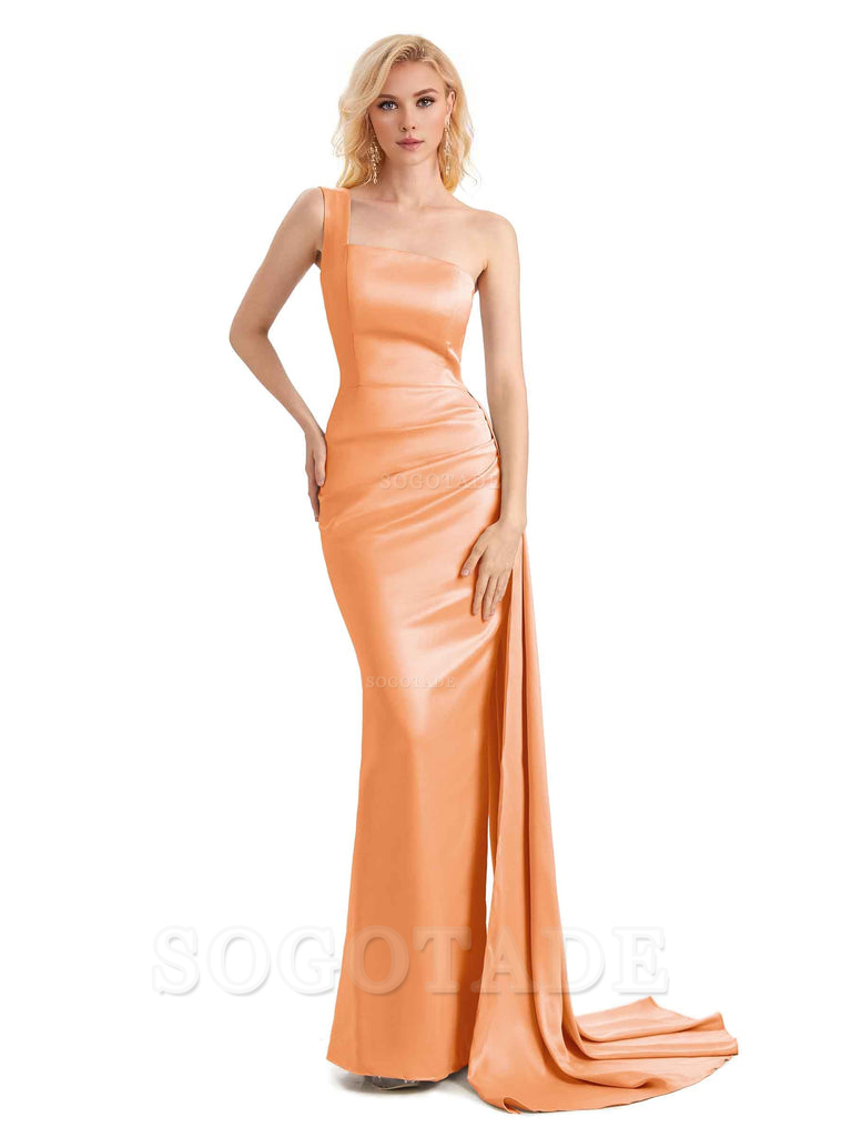 Elegant One Shoulder Soft Satin Mermaid Unique Long Bridesmaid Dresses Charming Evening Party Dress
