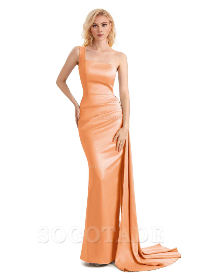 Elegant One Shoulder Soft Satin Mermaid Unique Long Bridesmaid Dresses Charming Evening Party Dress