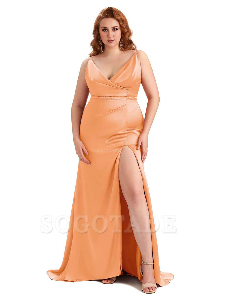 Sexy Side Slit Spaghetti Straps Mermaid Soft Satin Fashion Bridesmaid Dresses