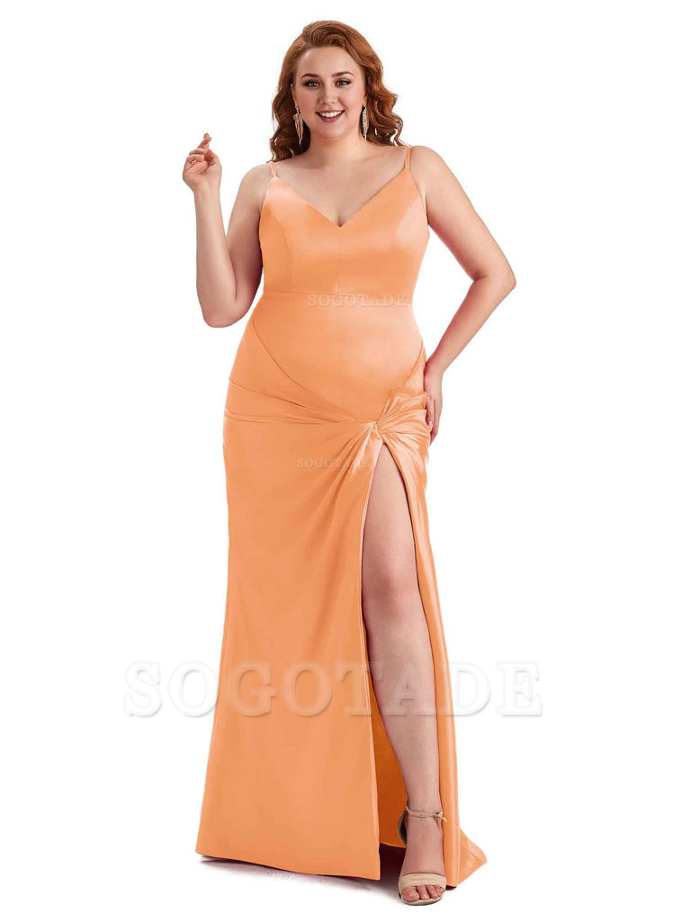 Sexy Spaghetti Straps V-neck Side Slit Mermaid Soft Satin Long Plus Size Bridesmaid Dress