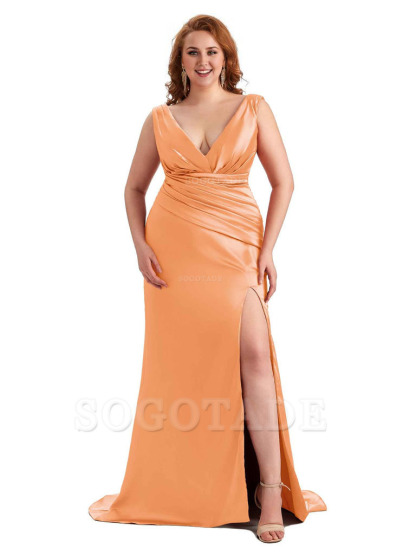 Elegant V-neck Side Slit Mermaid Soft Satin Long Plus Size Bridesmaid Dress For Wedding