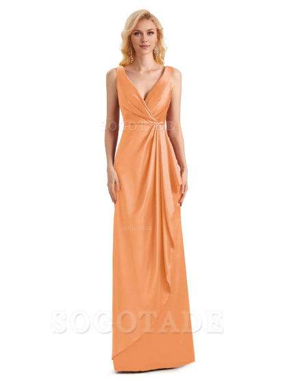 V Neck Elegant Soft Satin Formal Long Maid Bridesmaid Dresses Formal Wear Dresses