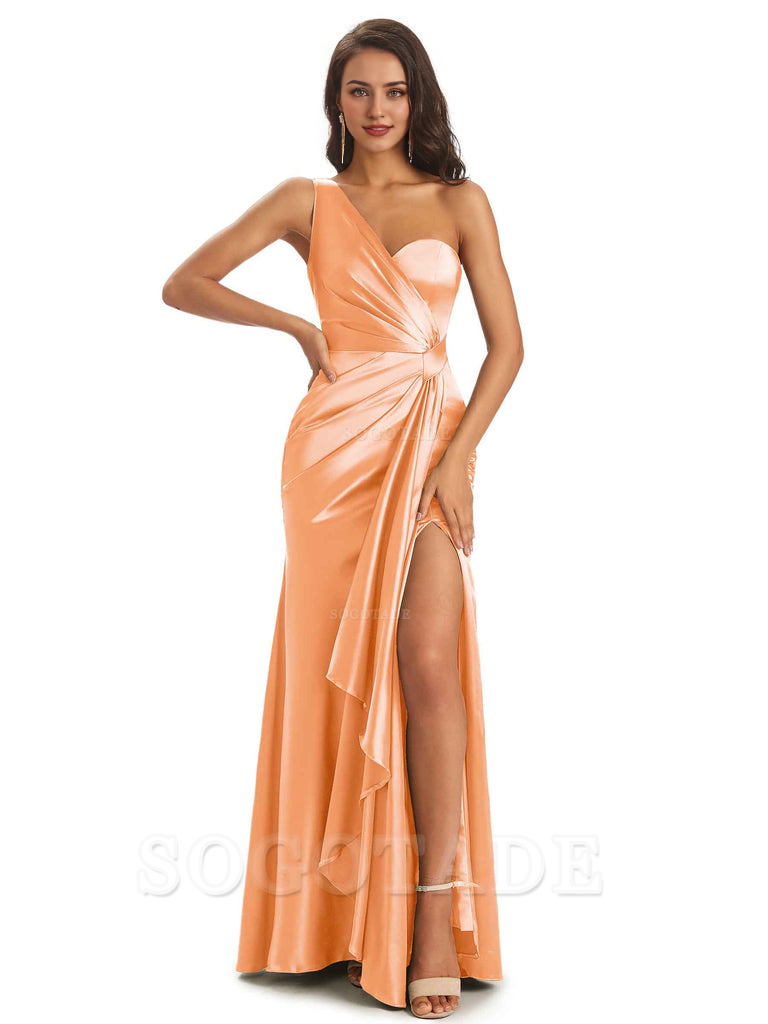 Elegant Soft Satin Side Slit One Shoulder Unique Mermaid Bridesmaid Dresses Online prom dresses shops